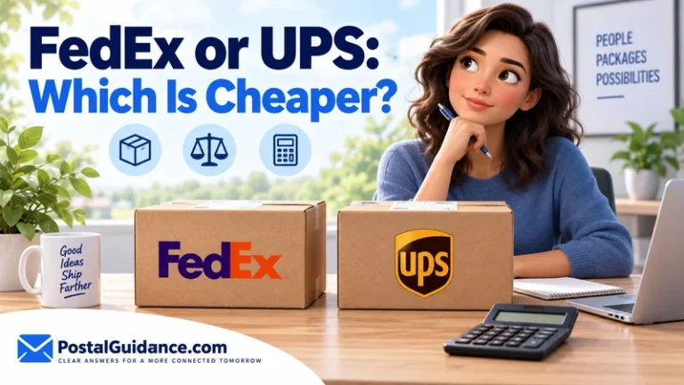 Customer considering FedEx and UPS parcels beside a blank calculator. Headline: FedEx or UPS: Which Is Cheaper?