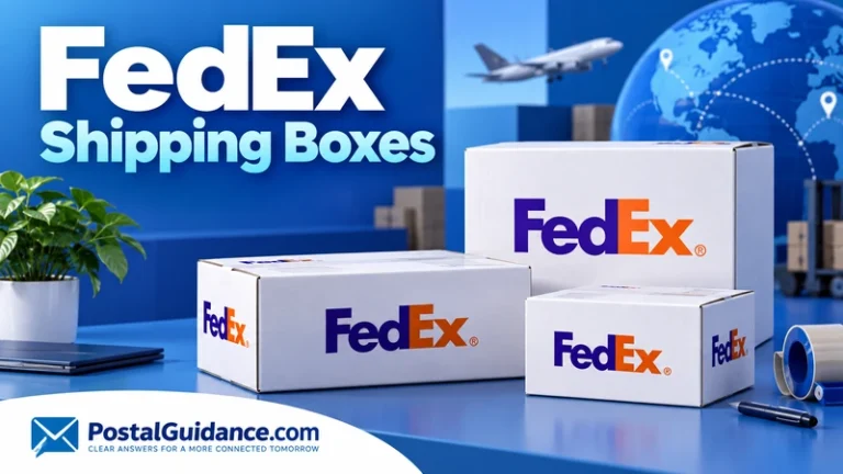 White FedEx shipping boxes on a blue counter.