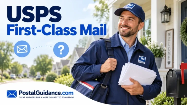 Mail carrier holding envelopes beside a suburban mailbox for USPS First-Class Mail.