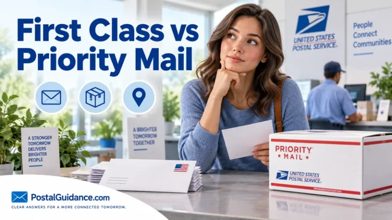 Customer with envelopes and a Priority Mail parcel at a postal counter. Headline: First Class vs Priority Mail