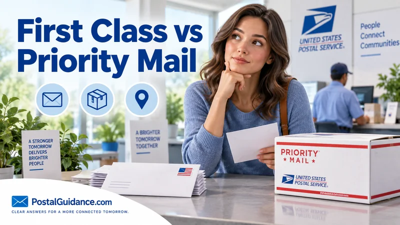 Customer with envelopes and a Priority Mail parcel at a postal counter. Headline: First Class vs Priority Mail