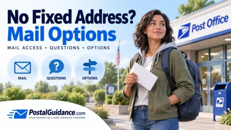 Mail options without a fixed address illustration with a person holding an envelope outside a post office.
