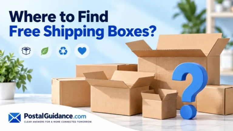 Question about free shipping boxes beside generic empty cardboard boxes and a question mark.
