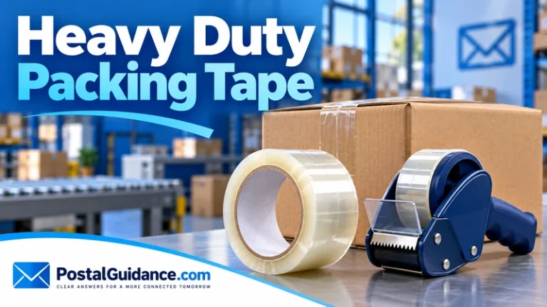Heavy duty packing tape and dispenser beside a sturdy shipping box.