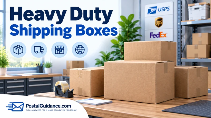 Sturdy cardboard shipping boxes in a packing workspace. Headline: Heavy Duty Shipping Boxes