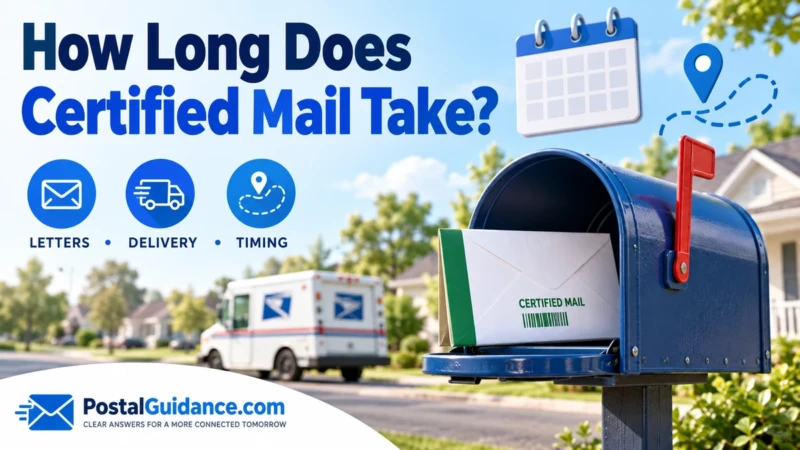 Certified Mail envelope at a blue mailbox with a blank calendar and route symbol.