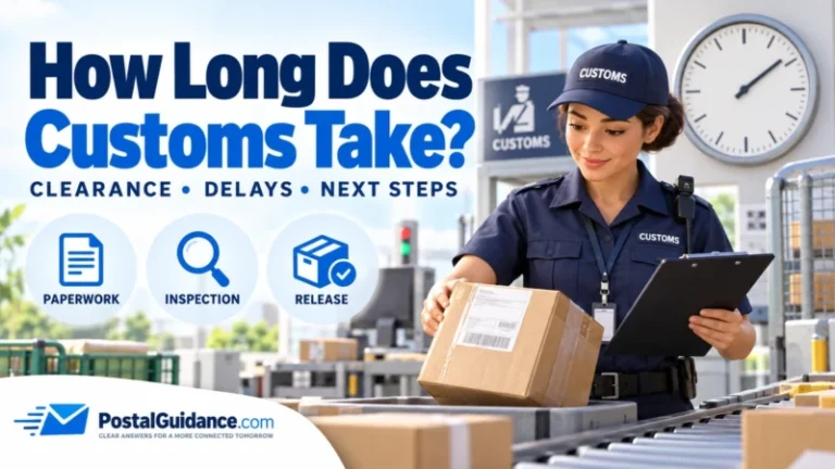 How long does customs take? Illustration of a customs worker inspecting a parcel beside a clock.