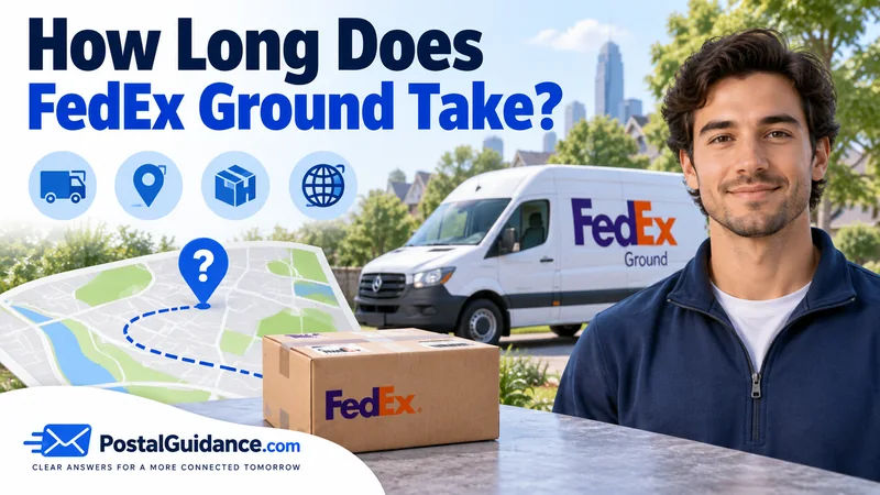 FedEx van, parcel and abstract map with a question-mark pin. Headline: How Long Does FedEx Ground Take?