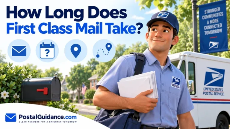 Postal carrier holding envelopes beside a USPS truck and question-mark calendar icon. Headline: How Long Does First Class Mail Take?