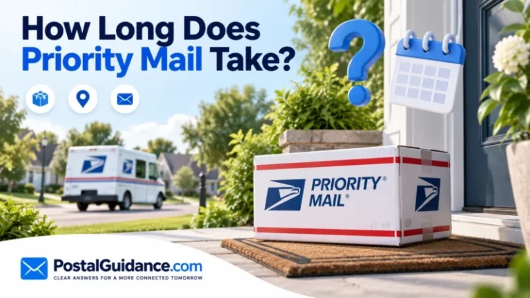 Priority Mail timing question beside a parcel on a doorstep and a distant mail truck.