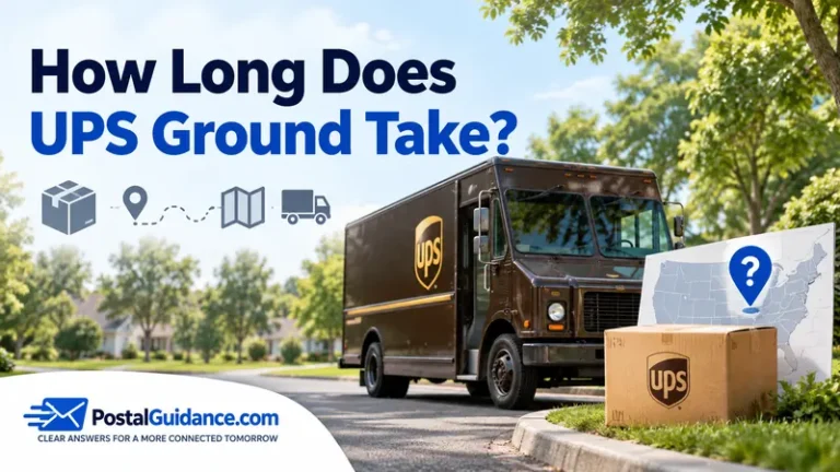 UPS truck, parcel and map beneath the question How Long Does UPS Ground Take?