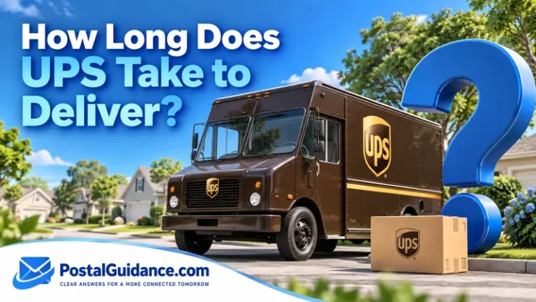 UPS truck and parcel beside a blue question mark.