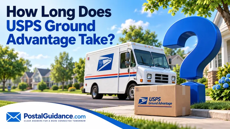 USPS truck and Ground Advantage parcel beside a blue question mark.