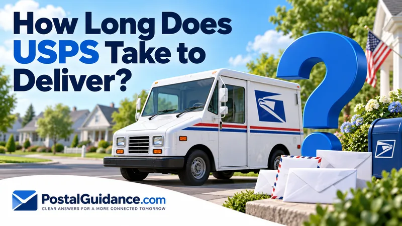 USPS truck and envelopes beside a blue question mark.