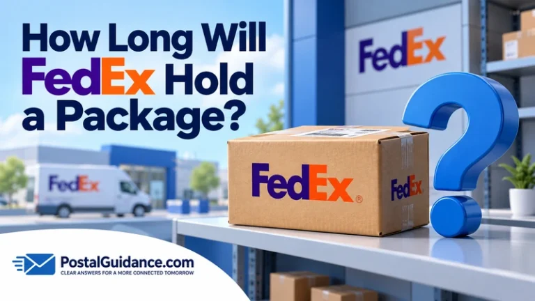 FedEx parcel on a shelf beside a blue question mark.