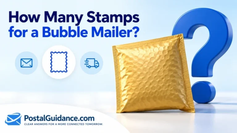 Question about bubble mailer postage beside a blank padded envelope, stamp outline, and question mark.