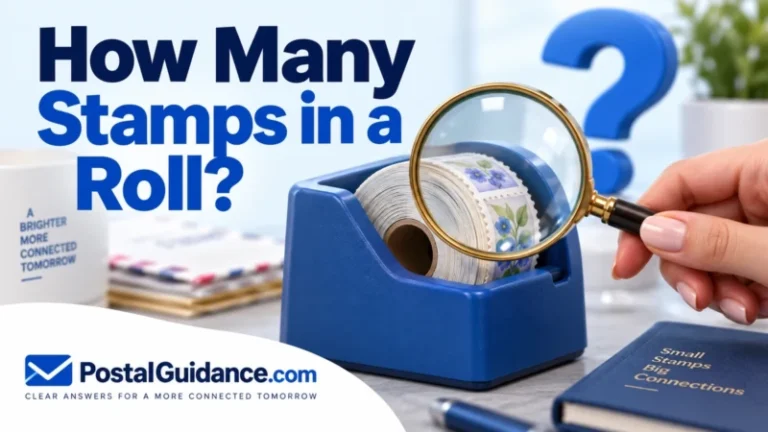Magnifying glass over a wound stamp roll in a blue dispenser for How Many Stamps in a Roll.
