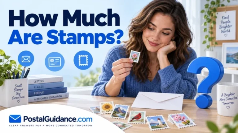 Woman examining decorative postage stamps beside an envelope and question mark for How Much Are Stamps.