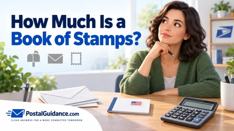 Customer considering a stamp booklet beside envelopes and a calculator beneath the question How Much Is a Book of Stamps?