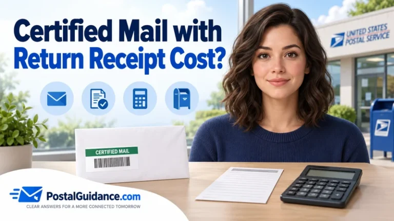 Customer with a Certified Mail envelope and blank calculator. Headline: Certified Mail with Return Receipt Cost?