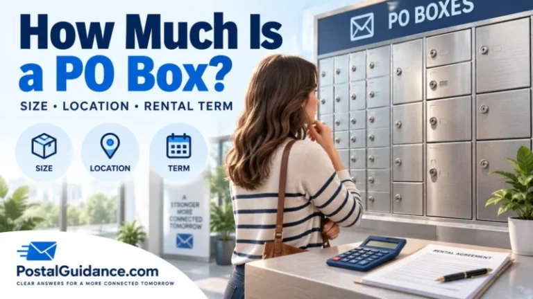 How much is a PO Box? Illustration of a customer viewing mailboxes beside a calculator.