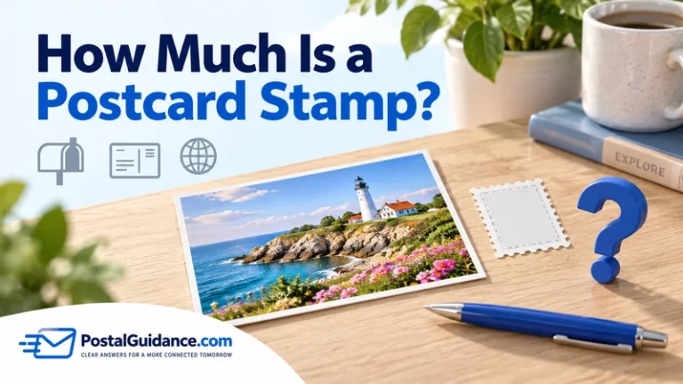 Scenic postcard and blank stamp illustration beneath the question How Much Is a Postcard Stamp?