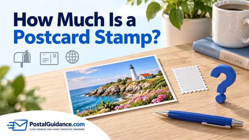 Scenic postcard and blank stamp illustration beneath the question How Much Is a Postcard Stamp?