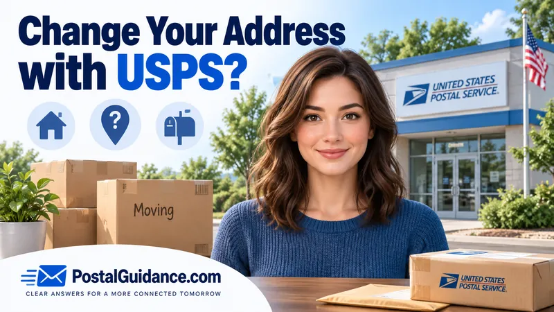 Customer outside a post office with moving boxes. Headline: Change Your Address with USPS?