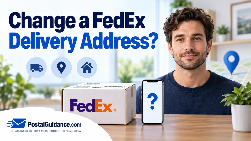 Customer beside a FedEx parcel and question-mark phone. Headline: Change a FedEx Delivery Address?