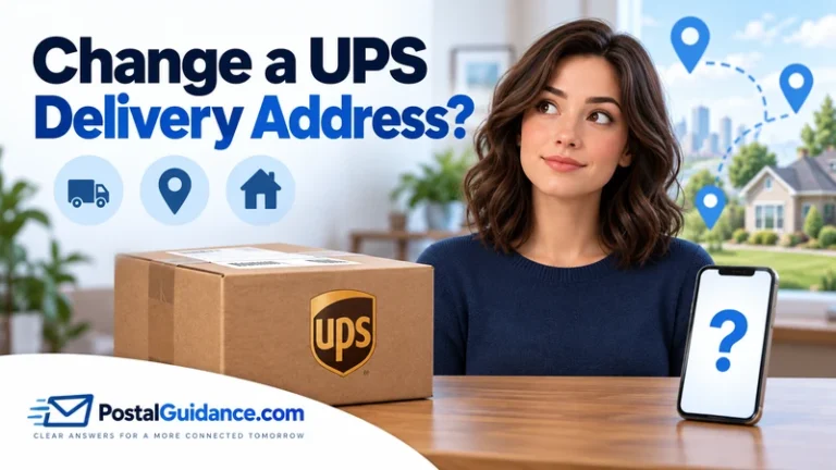 Customer beside a UPS parcel and question-mark phone. Headline: Change a UPS Delivery Address?