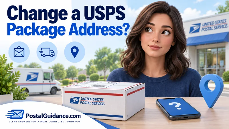 Customer with a USPS parcel and question-mark phone. Headline: Change a USPS Package Address?