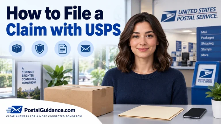 Customer beside a parcel and plain folder in a post office. Headline: How to File a Claim with USPS