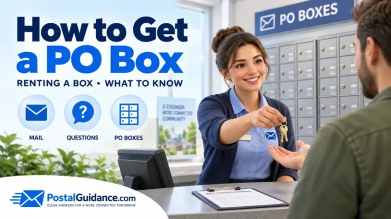 How to get a PO Box illustration with a postal clerk handing keys to a customer.