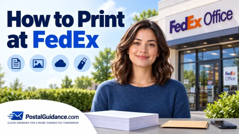 Customer outside FedEx Office with blank paper on a table. Headline: How to Print at FedEx