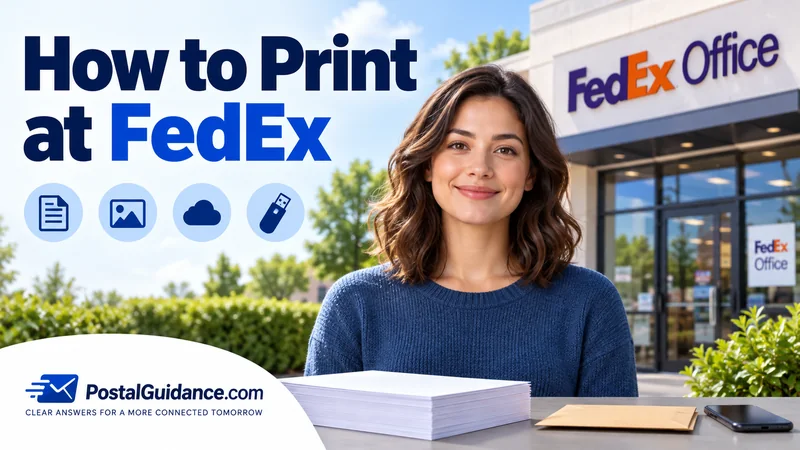 Customer outside FedEx Office with blank paper on a table. Headline: How to Print at FedEx