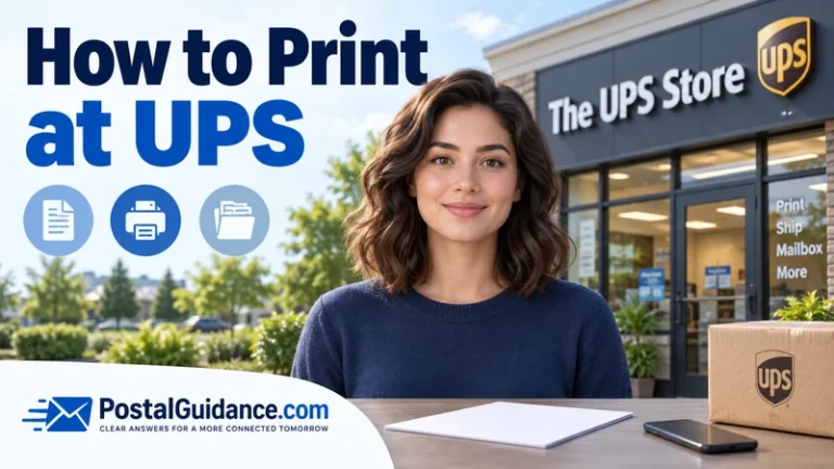 Customer outside The UPS Store with blank paper on a table. Headline: How to Print at UPS