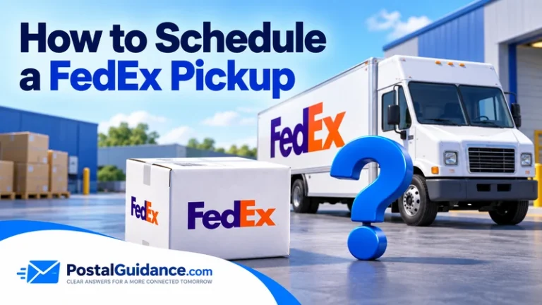 FedEx parcel and truck with a question mark about scheduling pickup.