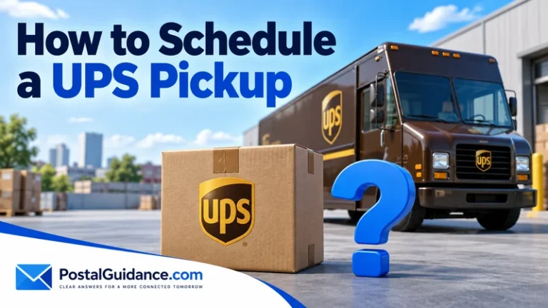 UPS parcel and truck with a question mark about scheduling pickup.
