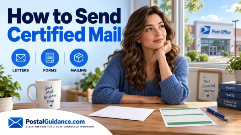 Woman at a desk with an envelope, green mailing form and pen.