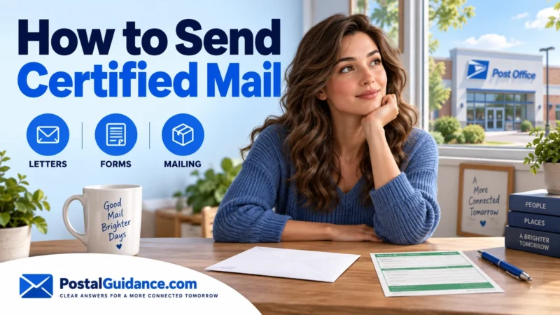 Woman at a desk with an envelope, green mailing form and pen.