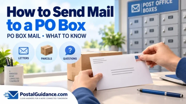 How to send mail to a PO Box illustration with an envelope, stamp, parcel, and post office boxes.