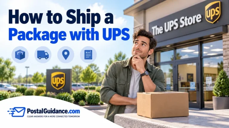 Customer beside a closed parcel outside The UPS Store. Headline: How to Ship a Package with UPS