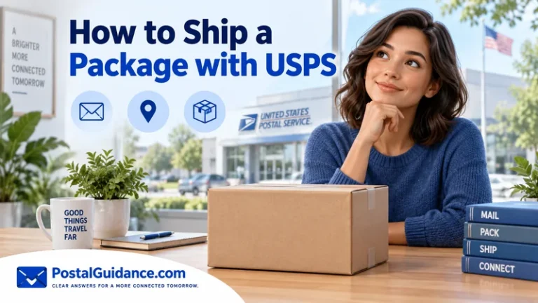 Customer considering a closed parcel at a packing desk. Headline: How to Ship a Package with USPS