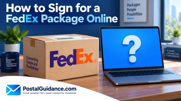 FedEx parcel beside a laptop displaying a question mark.