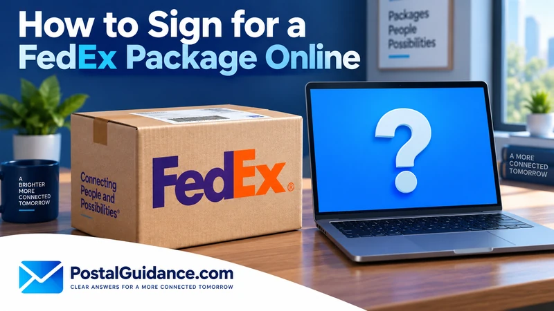FedEx parcel beside a laptop displaying a question mark.