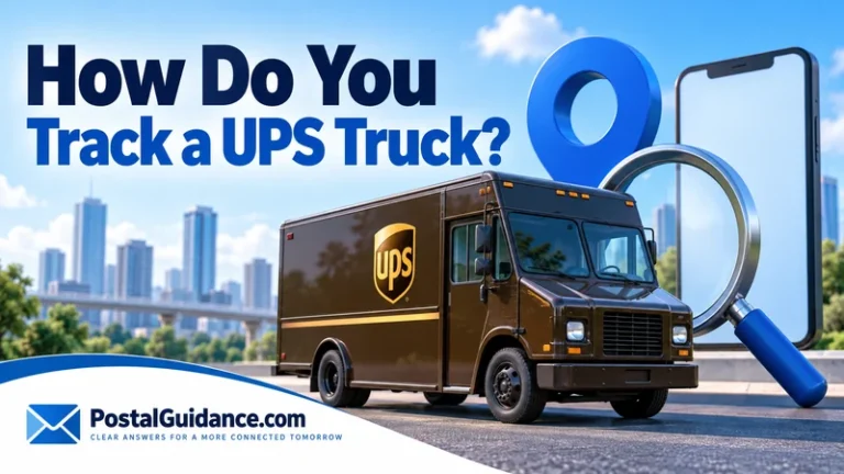 UPS truck with a magnifying glass and location-pin illustration.