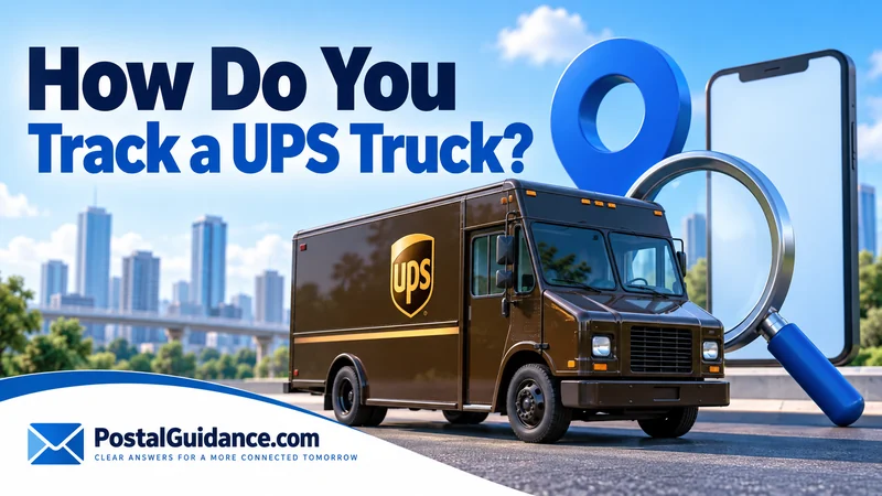 UPS truck with a magnifying glass and location-pin illustration.