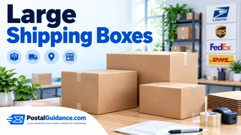 Large cardboard boxes in a bright packing workspace. Headline: Large Shipping Boxes
