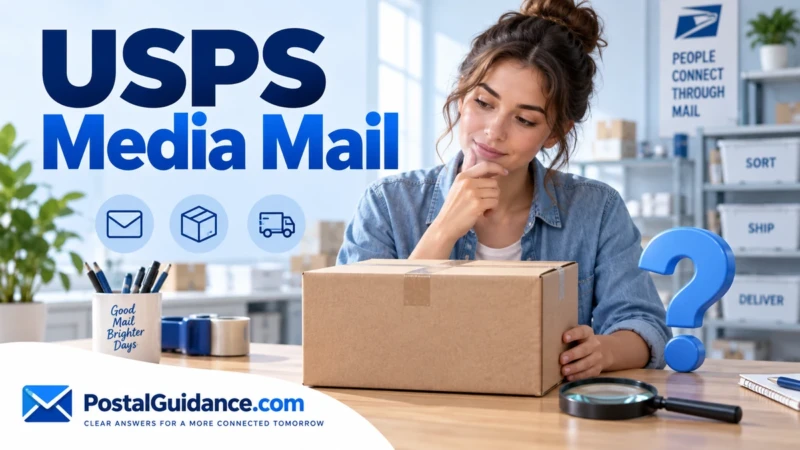 Woman considering a closed parcel beside a question mark for USPS Media Mail.