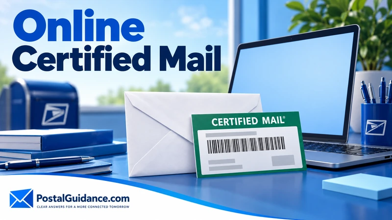 Certified Mail envelope beside a laptop with a blank screen.